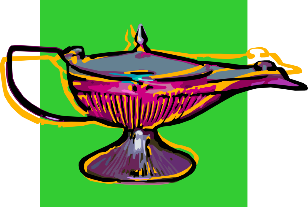 Vector Illustration of Aladdin's Magic Lamp Conjures Up Arabian Mythology Jinni or Genie