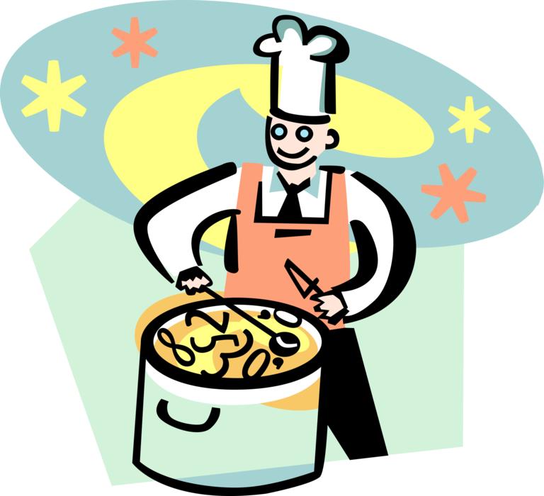 Vector Illustration of Businessman Chef Cook Preparing Financial Results Soup