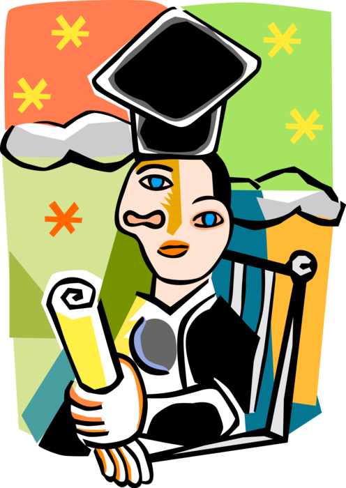 Vector Illustration of Picasso Inspired Graduating Student with Graduate Diploma and Mortarboard Cap
