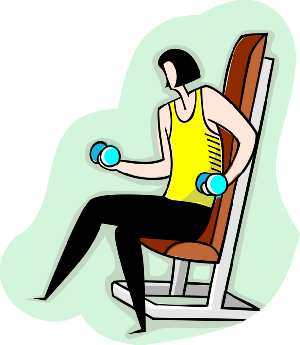 Vector Illustration of Exercise and Physical Fitness Workout at the Gym Lifting Dumbbells