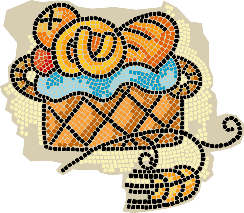 Vector Illustration of Decorative Mosaic Basket of Fresh Baked Bread and Pastry Goods