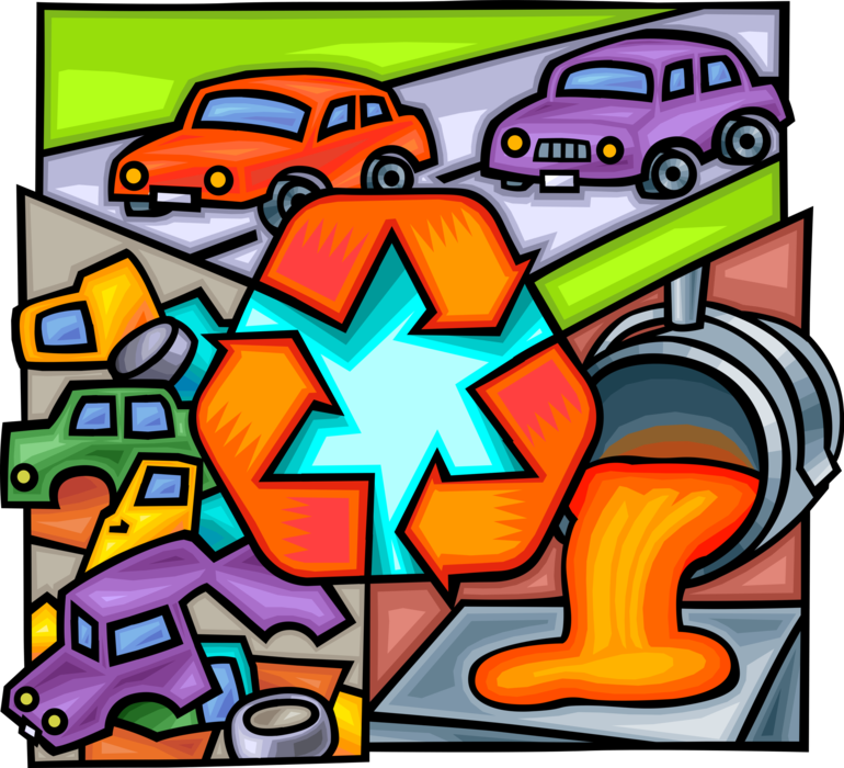 Vector Illustration of Recycling and Smelting Scrap Metal from Automobile Motor Vehicle Cars