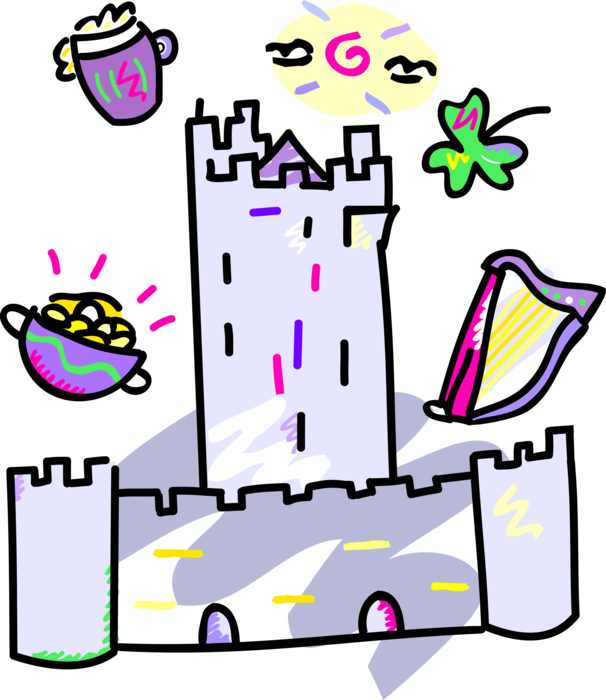 Vector Illustration of Medieval Fortified Castle Keep Tower, Beer Mug and Four-Leaf Clover Lucky Shamrock