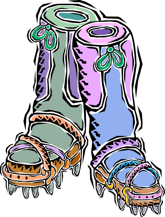 Vector Illustration of Insulated Winter Boots with Snow and Ice Climbing Crampons