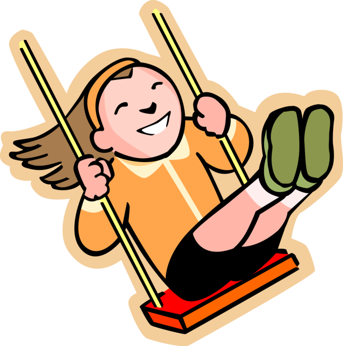 Vector Illustration of Primary or Elementary School Student Girl Swinging on Playground Swing