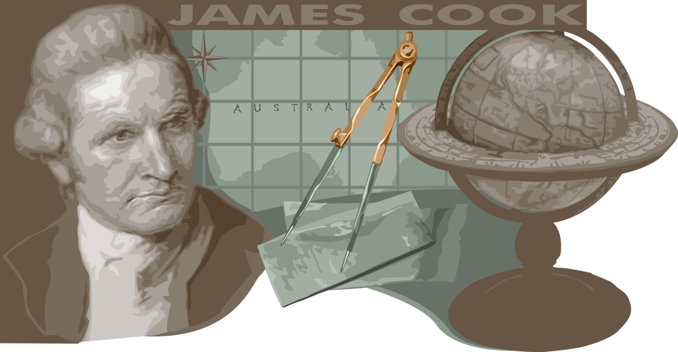 Vector Illustration of Captain James Cook, British Explorer, Navigator, Cartographer, Discovers Australia