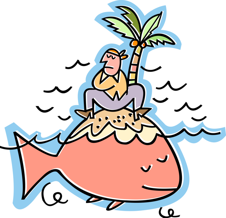 Vector Illustration of Shipwrecked Survivor Stranded on Deserted Island with Palm Tree and Large Fish