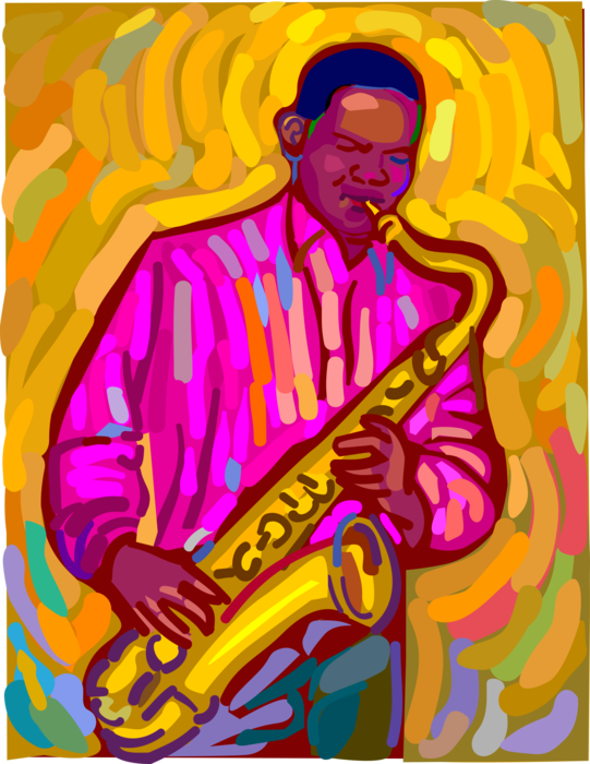 Vector Illustration of Musician Plays Saxophone Brass Single-Reed Mouthpiece Woodwind Instrument