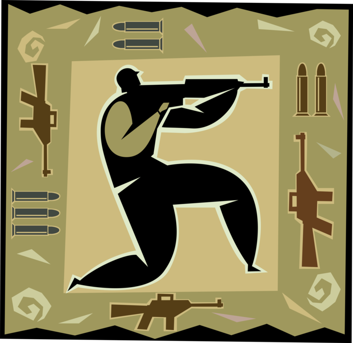 Vector Illustration of Military Soldier Shooting Automatic Rifle Weapon