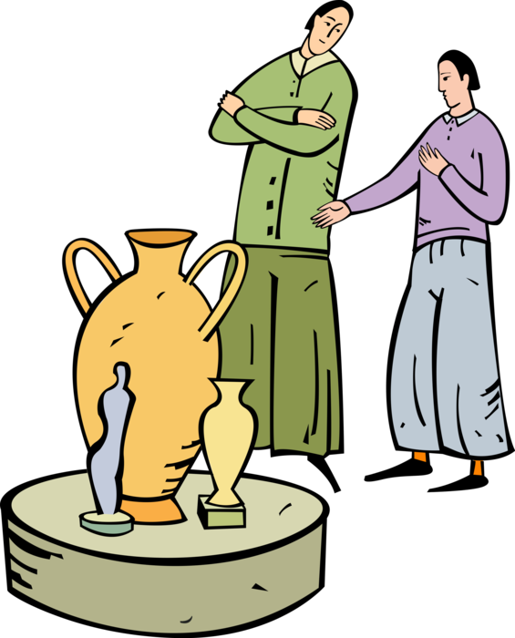 Vector Illustration of Gallery Visitors with Vases and Pottery from Antiquity