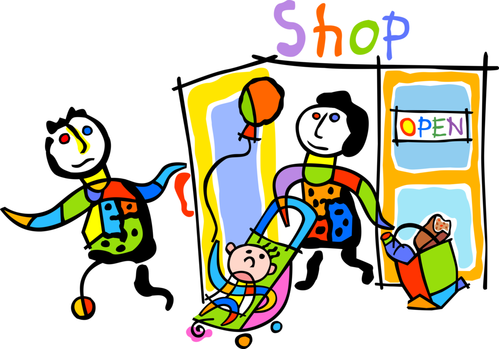 Vector Illustration of Family Shops in Retail Shopping Mall with Child in Stroller