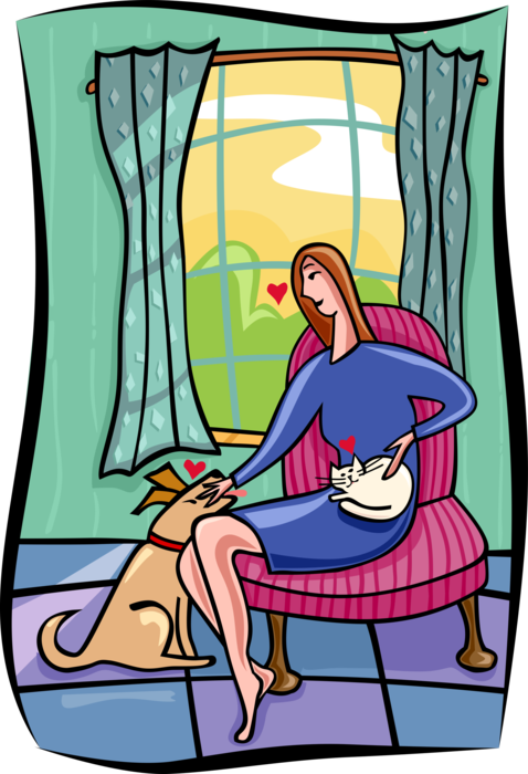 Vector Illustration of Animal Lover Petting Dog and Kitten Pussy Cat