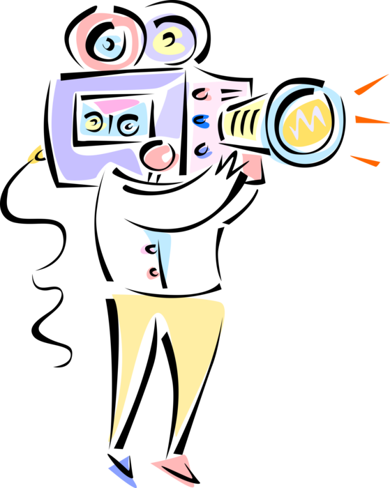 Vector Illustration of Television Cameraman with Videocamera Captures Photographic Images