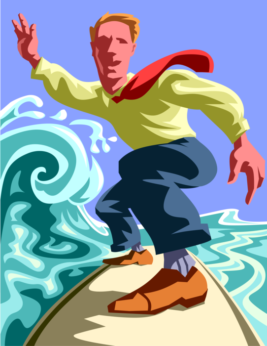 Vector Illustration of Businessman Surfer Surfing Ocean Waves on Surfboard