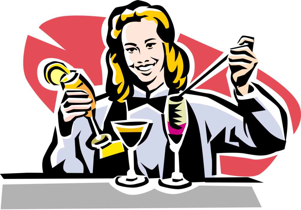 Vector Illustration of Barroom Bartender Mixes Cocktail Drinks at Bar and Serves Alcohol Beverages at Tavern 