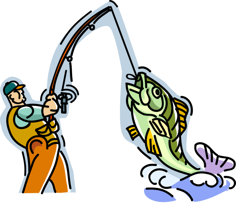 Vector Illustration of Sport Fisherman Angler Catches Fish with Fishing Rod