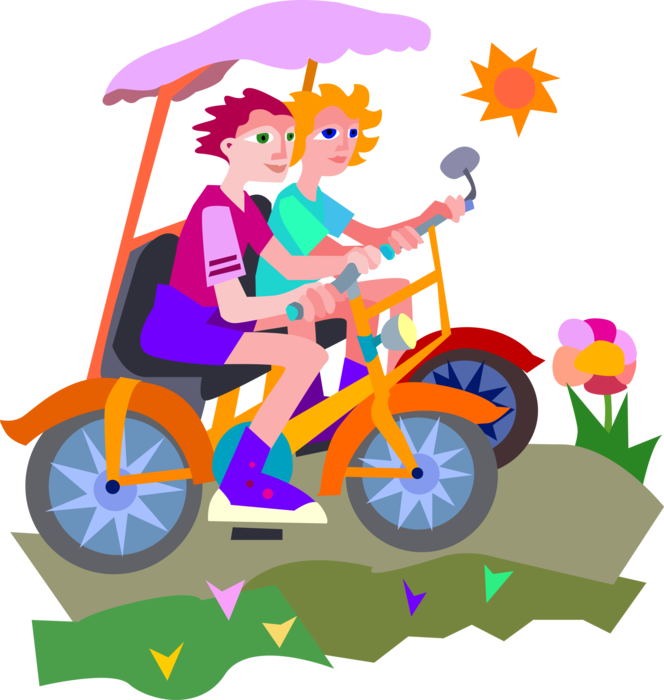 Vector Illustration of Couple Rides Tandem Bicycle in Countryside