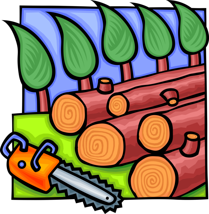 Vector Illustration of Forestry Lumber Industry with Harvested Tree Logs and Chainsaw