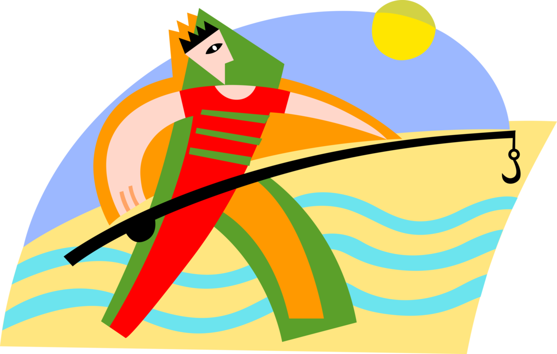 Vector Illustration of Sport Fisherman Angler with Fishing Rod at Beach