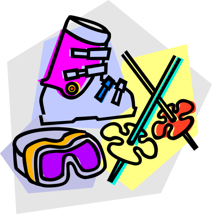 Vector Illustration of Downhill Alpine Skiing Equipment Ski Boot, Goggles, and Poles