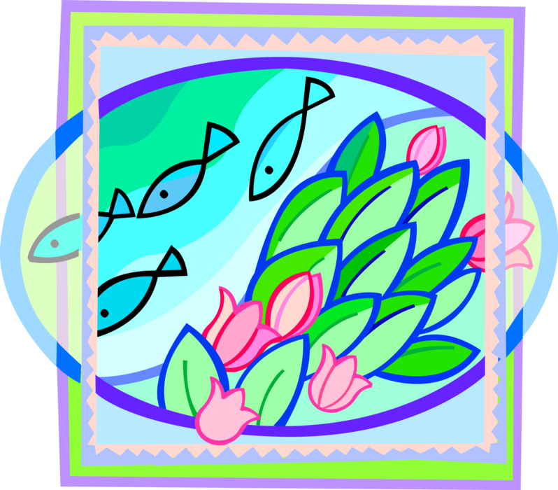 Vector Illustration of Fish Swimming Past Underwater Flower Garden