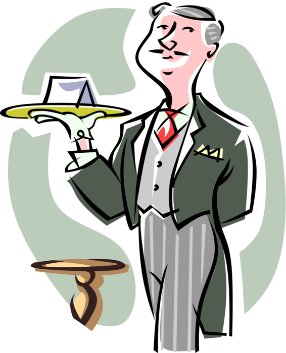 Vector Illustration of Butler Chief Manservant of Household in Tuxedo with White Glove Service