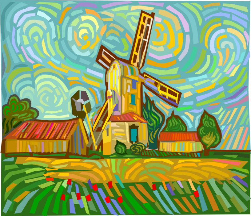 Vector Illustration of Country Farm with Dutch Windmill in The Netherlands, Holland