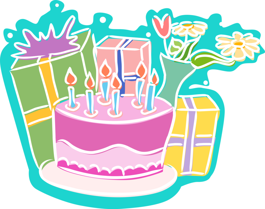 Vector Illustration of Dessert Pastry Birthday Cake with Lit Candles and Present Gifts