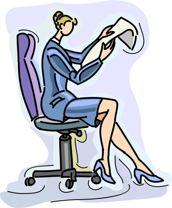 Vector Illustration of Businesswoman Reads Business Report on Office Chair Furniture