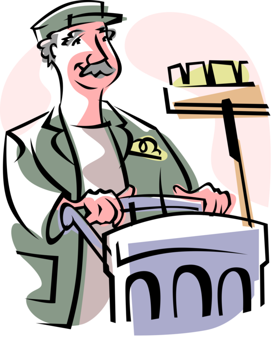 Vector Illustration of School Janitor Custodian with Cleaning Tools
