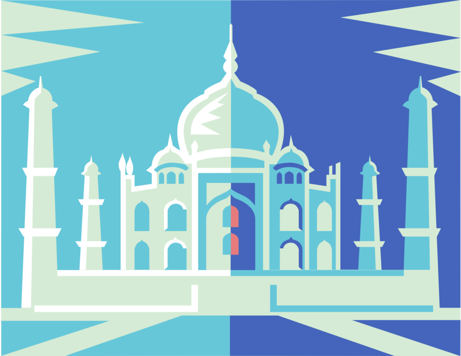 Vector Illustration of Taj Mahal Marble Mausoleum on Yamuna River in Indian City of Agra, India