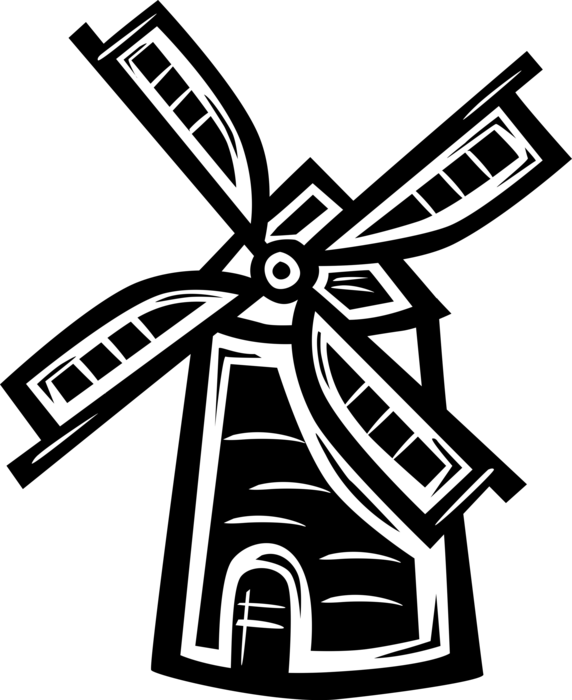 Vector Illustration of Dutch Windmill in The Netherlands, Holland used to Mill Grain, Pump Water