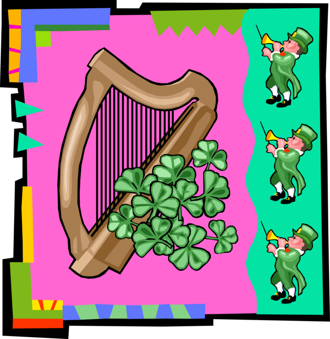 Vector Illustration of Irish Mythology Leprechaun with Harp Stringed Musical Instrument and Four-Leaf Clover Shamrocks