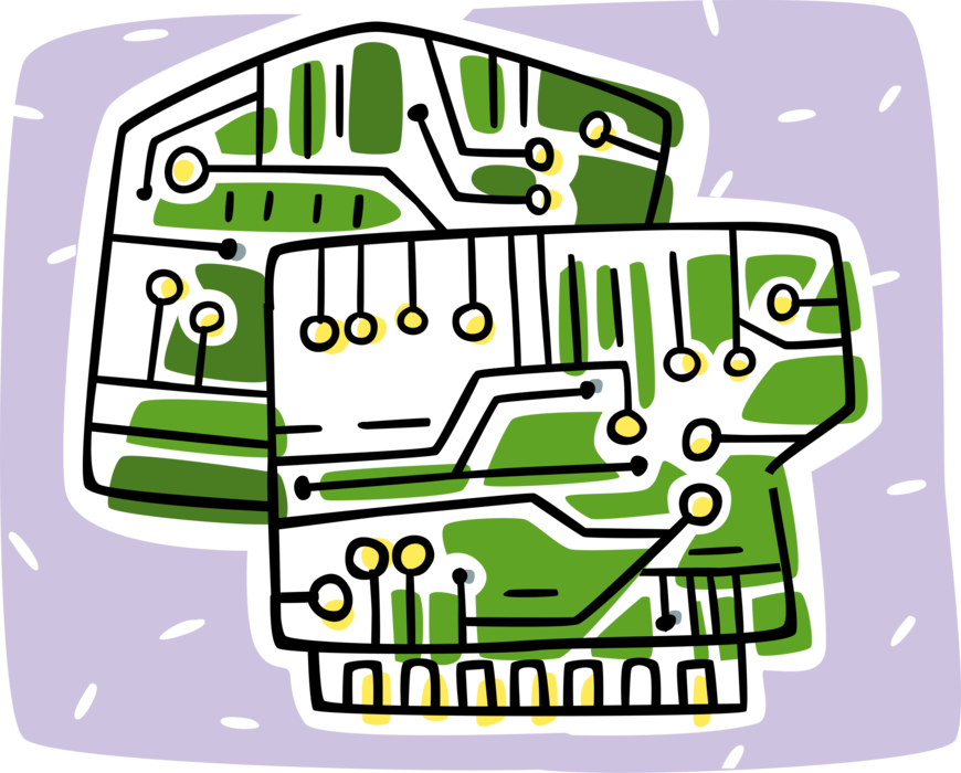 Vector Illustration of Computer Printed Circuit Board Electrically Connects Electronic Components