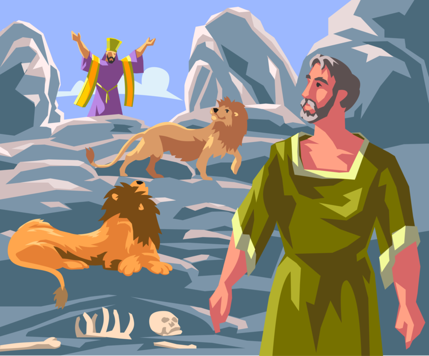 Vector Illustration of Daniel in the Lion's Den Biblical Story Darius Issues Decree Condemns Daniel to Death