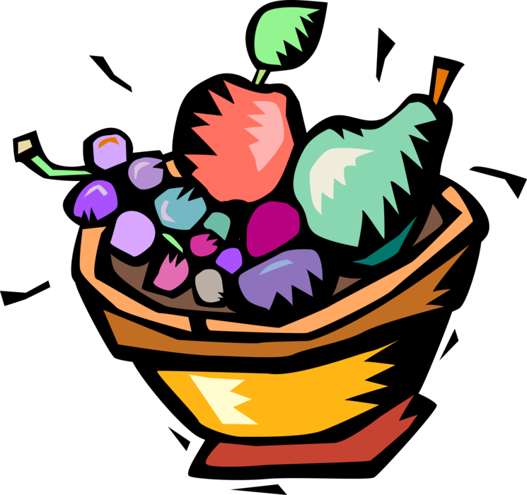 Vector Illustration of Bowl of Fruit Grapes, Apple and Pear