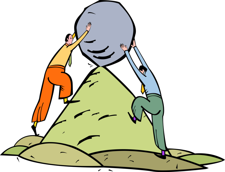 Vector Illustration of Colleagues Balance Large Rock on Mountain Pinnacle Point