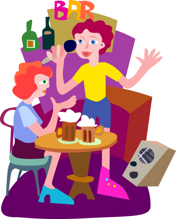 Vector Illustration of Karaoke Singer in Bar with Microphone and Audio Speaker