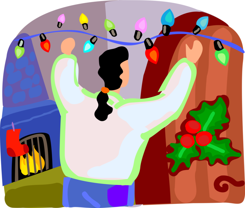 Vector Illustration of Hanging Christmas Colored Lights in Home