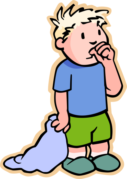 Vector Illustration of Primary or Elementary School Student Boy with Security Blanket, Sucking Thumb