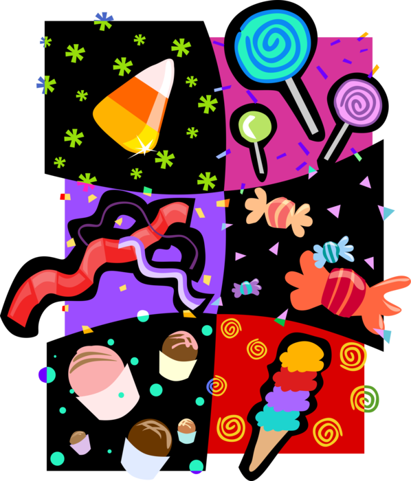 Vector Illustration of Confectionery Candies, Party Ice Cream, Cup Cakes and Suckers
