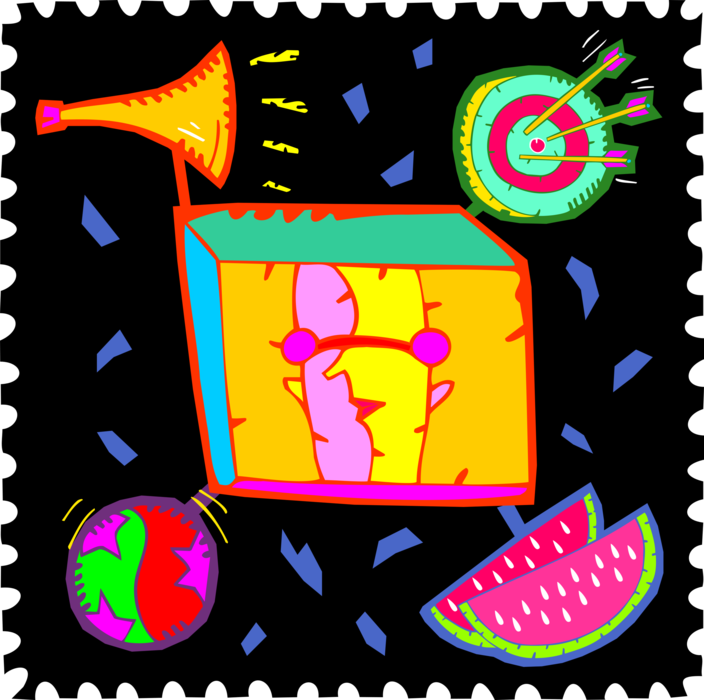 Vector Illustration of Megaphone Announcement, Archery Target, Watermelon with Man in Box