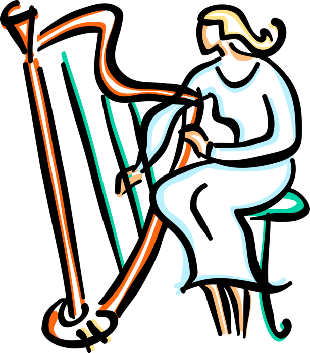 Vector Illustration of Harpist Musician Plays Harp Stringed Musical Instrument