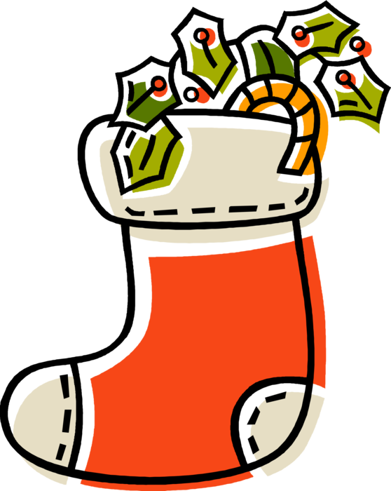 Vector Illustration of Festive Season Christmas Stocking with Holly and Candy Cane