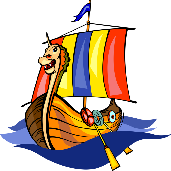 Vector Illustration of Nordic Viking Ship with Dragon's Head Marine Vessel Under Sail and Oar