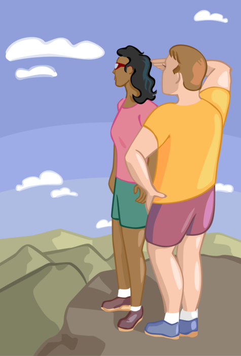 Vector Illustration of Rock Climbers Reach Summit Top of Mountain with View to Horizon