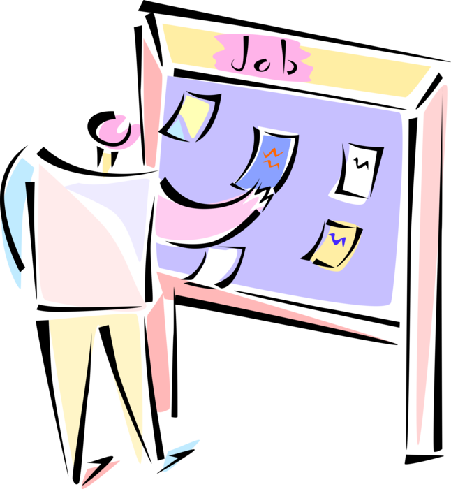 Vector Illustration of Unemployed Worker Looks for Job with Job Postings Board