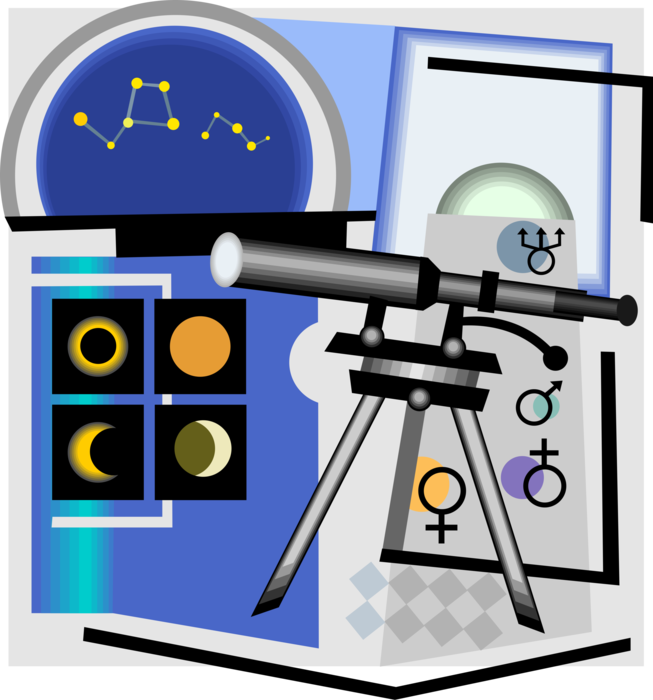 Vector Illustration of Optical Telescope Observes the Known Universe with Constellations