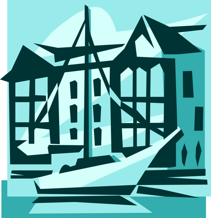 Vector Illustration of Sailboat Sailing Watercraft Vessel with Buildings