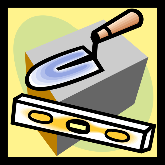 Vector Illustration of Mason Bricklayer Tools, Trowel, Level and Masonry Brick